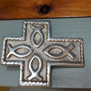 Mexican Cross silver tone fish symbols 3.5" x 3"